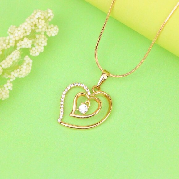 "Elegant Rose Gold Double Heart Pendant with Dangling CZ Stone, XPPT1378 - Picture 13 of 13